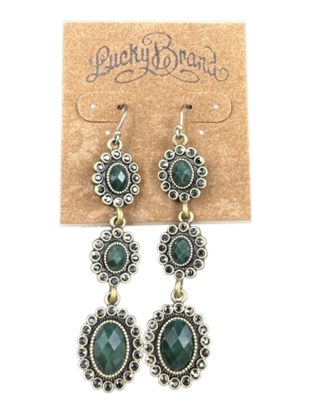 Lucky Brand Antique Gold-Tone Triple Drop Emerald Green Earrings 2-3/4" Drop NEW